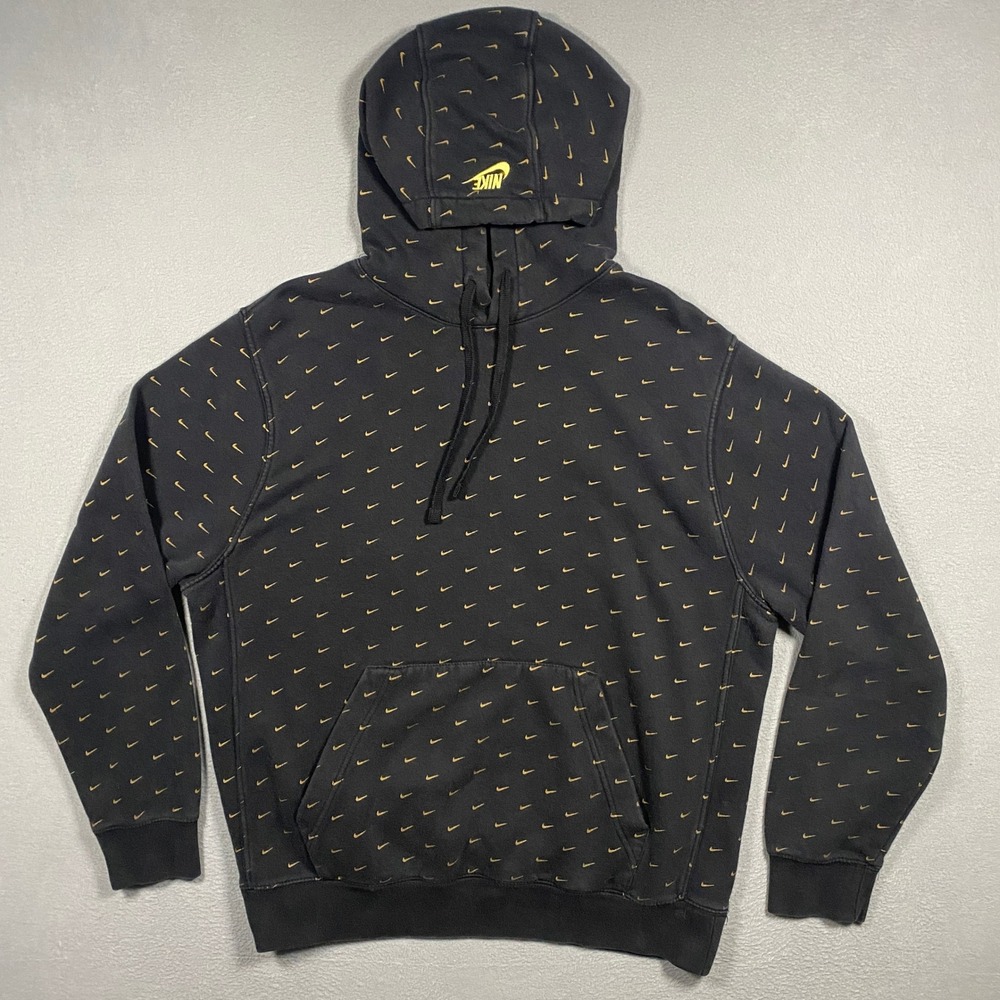 Nike Hoodie Mens Large Black Gold All Over Print Swoosh CJ5405-010 Pullover